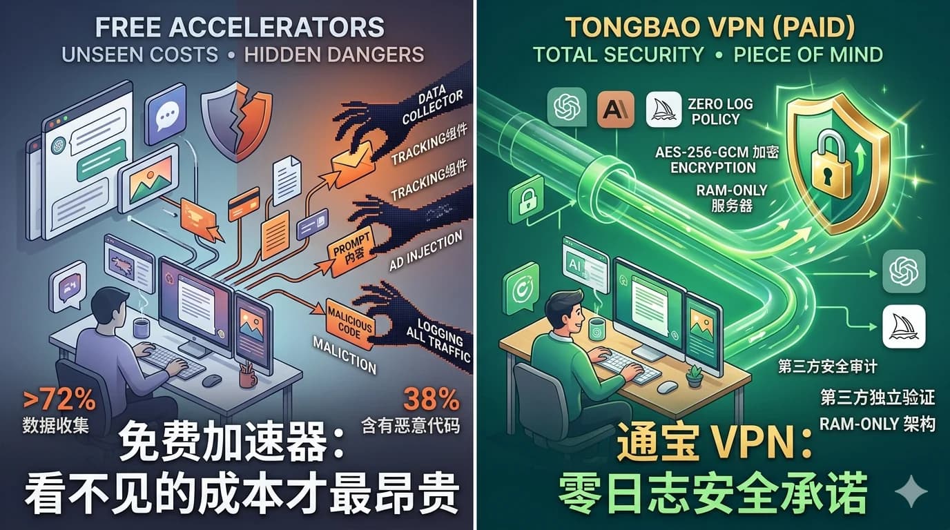 免费加速器的代价：数据泄露风险 vs 通宝 VPN 零日志安全承诺 - 通宝VPN